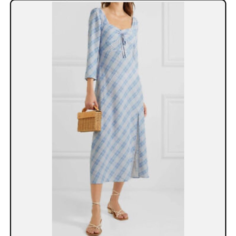 RIXO Giselle Light Blue and White Checkered Midi Dress